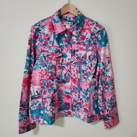 New Drapers & Damons Womens Button-Up Jacket Pink Teal Tropical Cotton-Blend PL - Picture 1 of 7